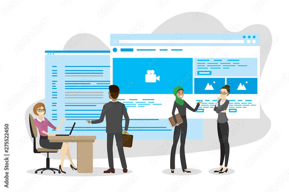 Group of business characters,people talking and discussion,web site design and interface develop, Group of business characters,people talking and discussion,web site design and interface develop,