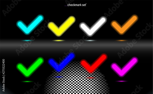 Set glowing lamp checkmark Multicolored confirm icons, tick symbol. Modern ui element. Fluorescent Design presentation, for any background. Vector luminescent illumination ad, transparent illustration