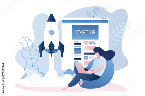 Web page template and rocket take off,Startup project development,businesswoman