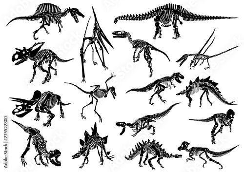 Graphical set of dinosaur skeletons isolated on white background,vector sketch for tattoo and printing