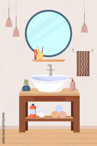 Bathroom interior furniture with sink and wooden shelf, a round mirror, lamps, towels. Flat vector illustration