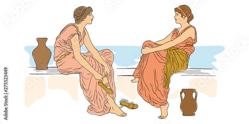 Two young women sit on a stone parapet on the beach and talk. Vector image isolated on white background.