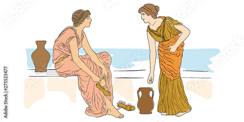 Two young women sit on a stone parapet on the beach and talk. Vector image isolated on white background.