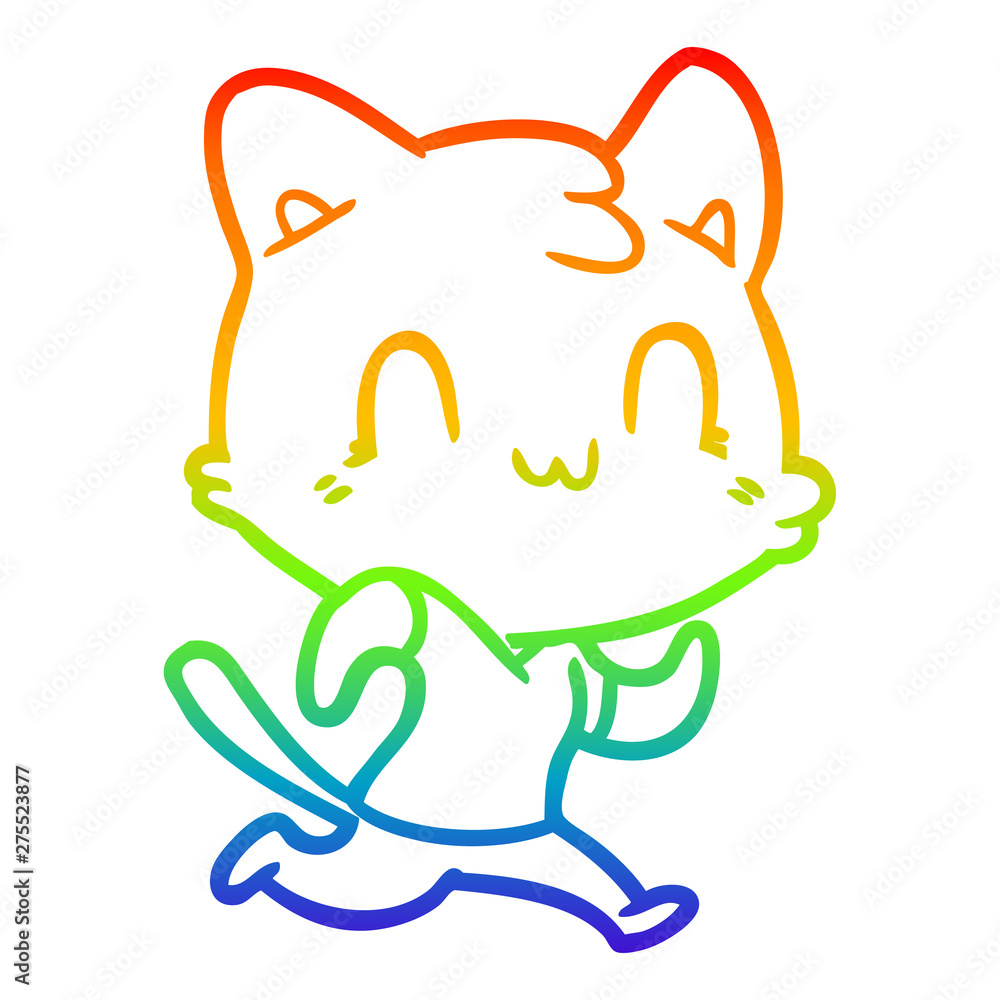 Fototapeta premium rainbow gradient line drawing cartoon happy cat running