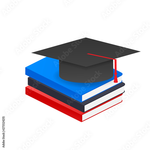 Book with vector graduation cap. Vector stock illustration.