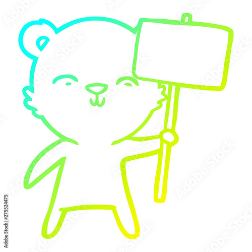 cold gradient line drawing happy cartoon bear with sign