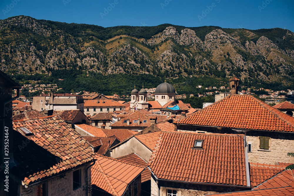 Old church inside Stari Grad, Kotor, Montenegro. Kotor bay and Old Town from Lovcen Mountain. Montenegro.