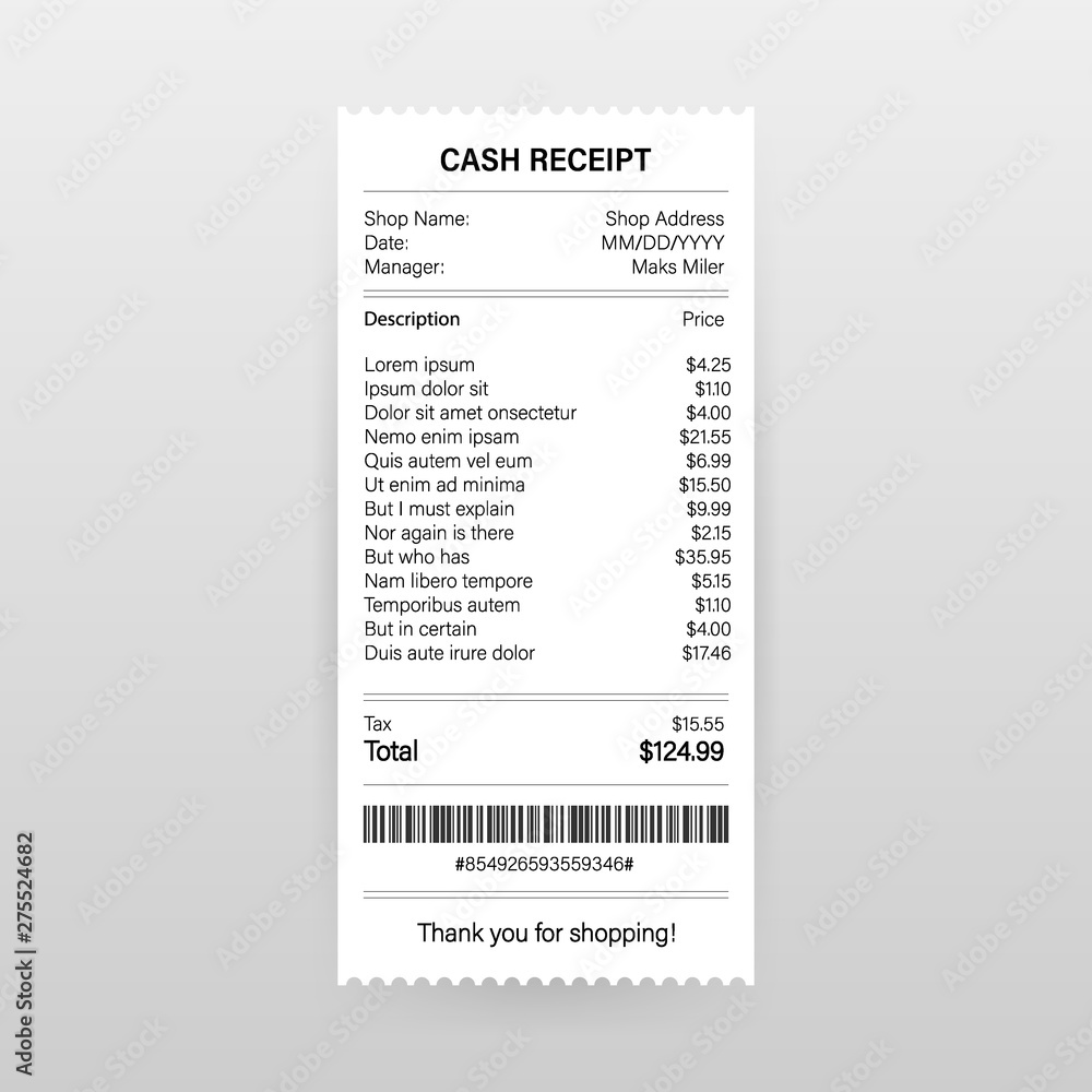 Receipts vector illustration of realistic payment paper bills for cash or credit card transaction. Vector stock illustration.