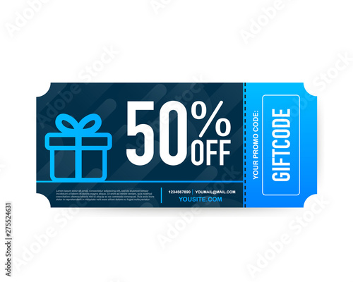 Template red and blue gift card. Promo code. Vector Gift Voucher with Coupon Code. Vector stock illustration.