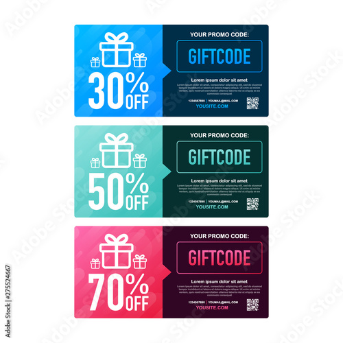 Template red and blue gift card. Promo code. Vector Gift Voucher with Coupon Code. Vector stock illustration. photo