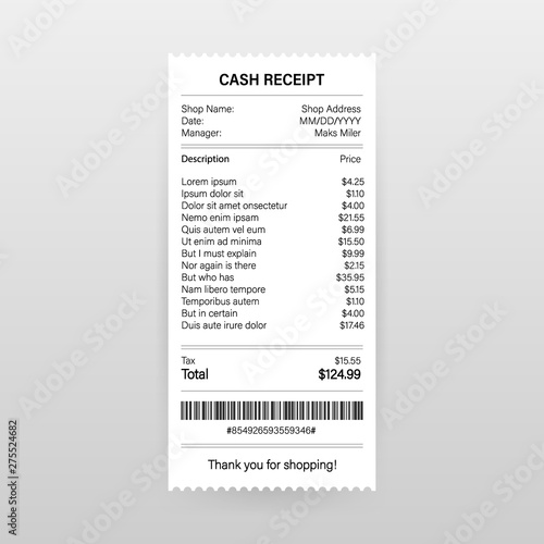 Receipts vector illustration of realistic payment paper bills for cash or credit card transaction. Vector stock illustration.