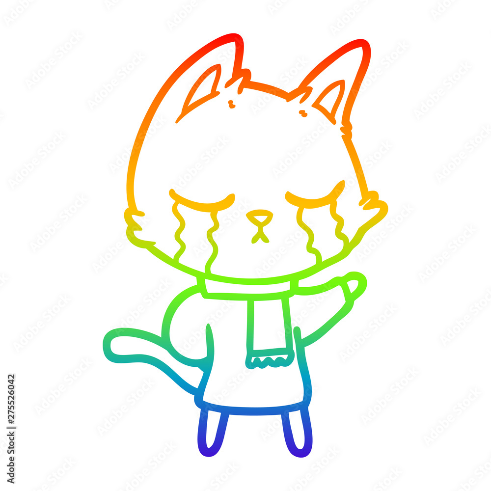 rainbow gradient line drawing crying cartoon cat wearing winter clothes rainbow gradient line drawing crying cartoon cat wearing winter clothes