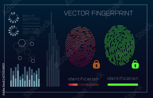 Fingerprint Scanning Identification system in futuristic HUD style. Biometric Interface. Recognition biometric technology and artificial intelligence concept. Scanning fingerprints HUD UI