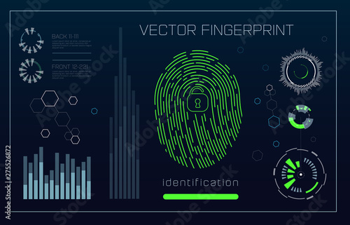 Fingerprint Scanning Identification system in futuristic HUD style. Biometric Interface. Recognition biometric technology and artificial intelligence concept. Scanning fingerprints HUD UI