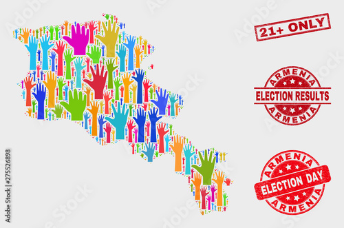 Democrat Armenia map and watermarks. Red rectangle 21+ Only distress watermark. Colorful Armenia map mosaic of upwards election hands. Vector collage for election day, and referendum results.