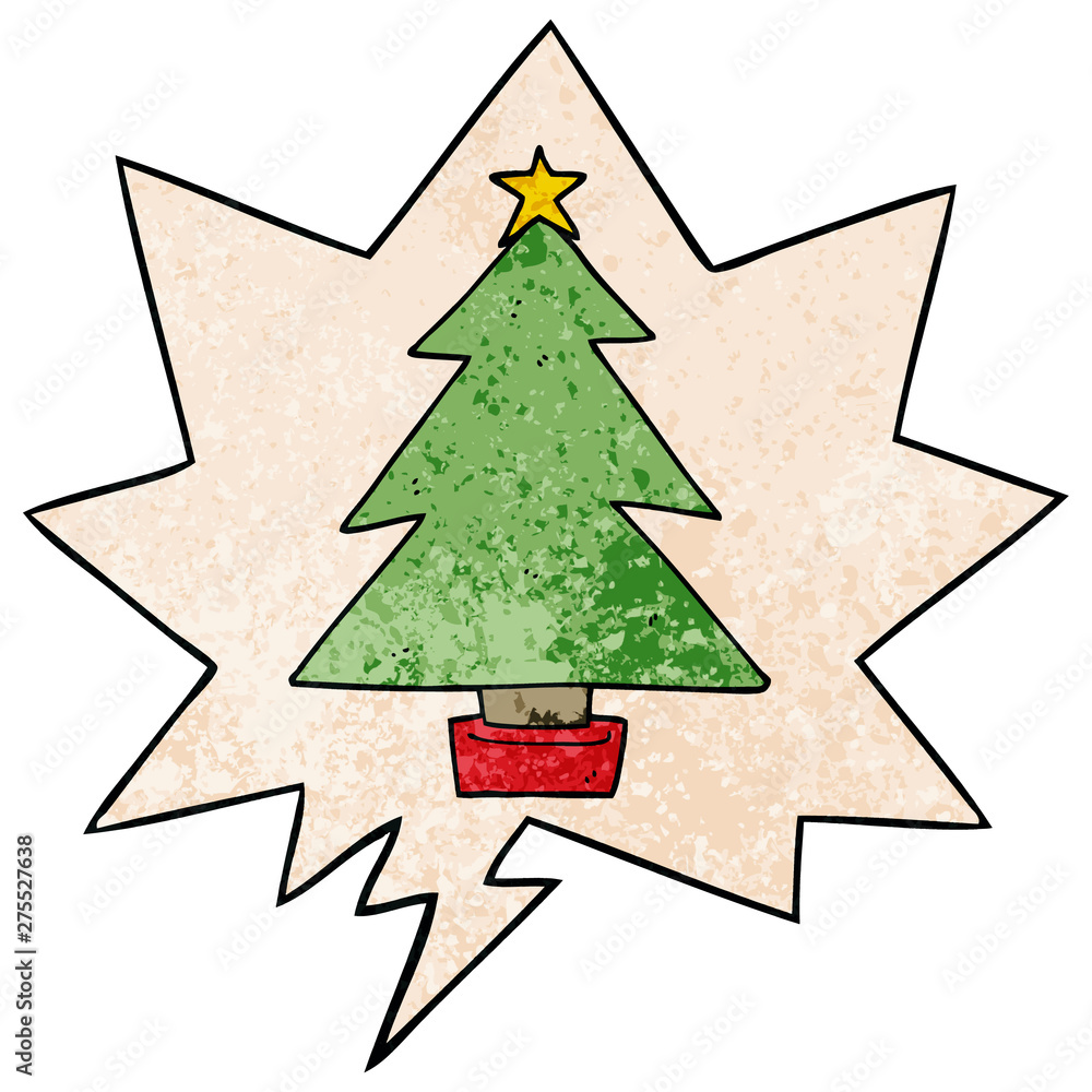 Fototapeta premium cartoon christmas tree and speech bubble in retro texture style