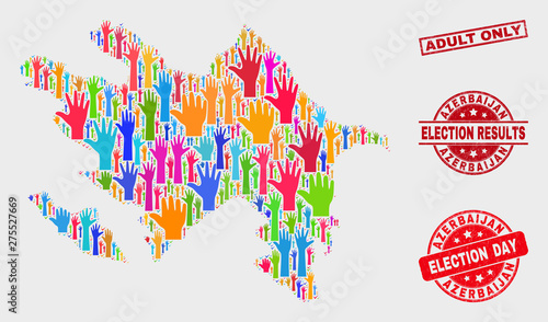 Election Azerbaijan map and seals. Red rectangle Adult Only grunge seal stamp. Bright Azerbaijan map mosaic of raised up electoral arms. Vector combination for election day, and referendum results.