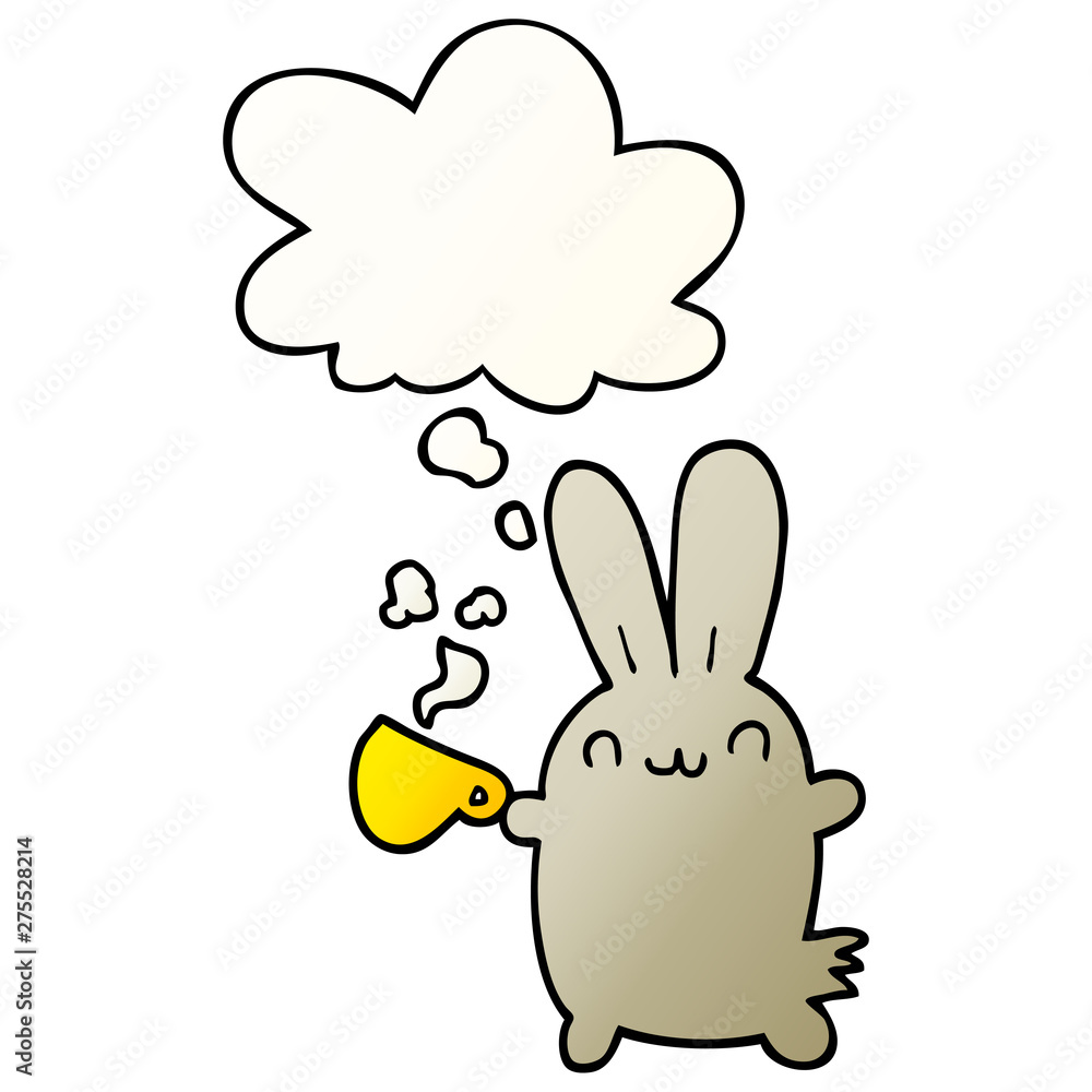 cute cartoon rabbit drinking coffee and thought bubble in smooth gradient style cute cartoon rabbit drinking coffee and thought bubble in smooth gradient style