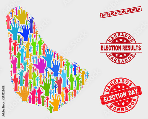 Ballot Barbados map and seal stamps. Red rectangular Application Denied distress seal stamp. Colorful Barbados map mosaic of raised volunteer arms. Vector collage for election day,