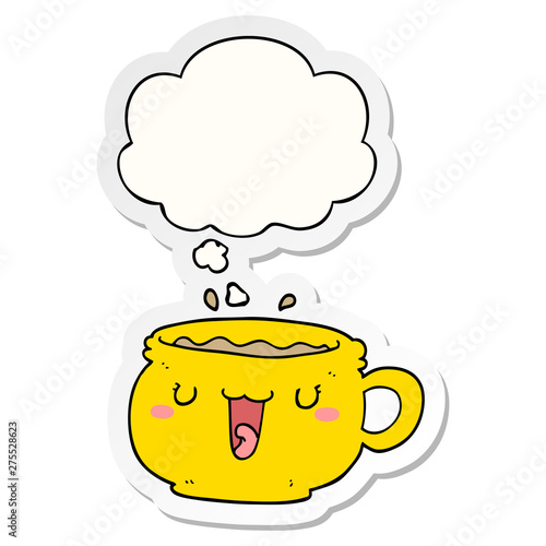 cute cartoon coffee cup and thought bubble as a printed sticker