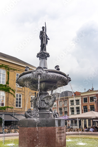 Beautiful fountain with sculpture of quin Wilhelmina in the Gorinchem, Netherlands