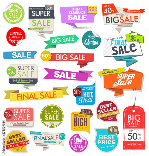 Collection of colorful sale stickers and tags