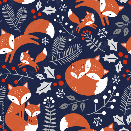 Seamless vector pattern with cute hand drawn fox family and leaves. 