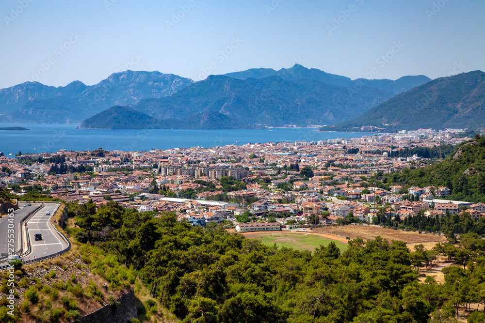 Marmaris city and harbour view in a summer day. Marmaris is a very famous touristic town in Mugla, Turkey