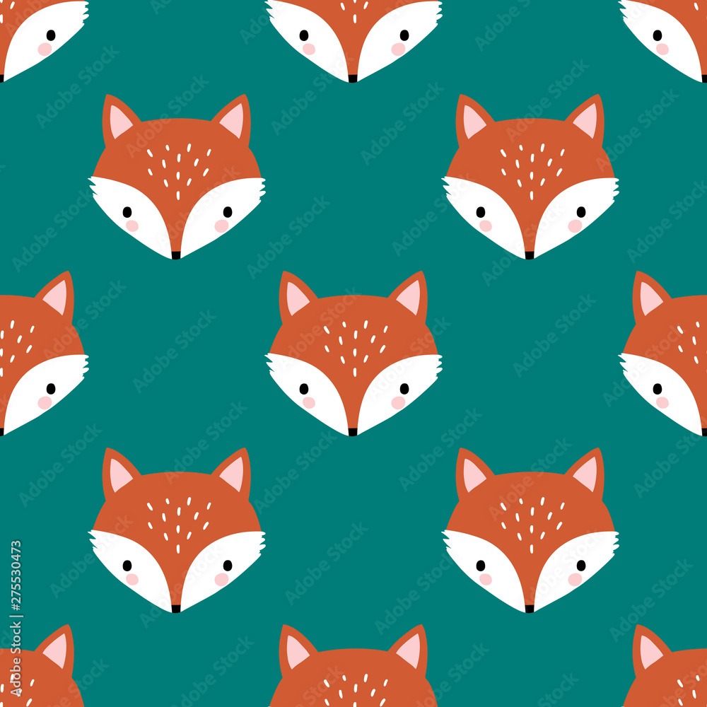 Seamless vector pattern with cute hand drawn fox  head.