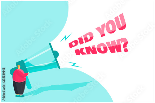 Did you know megaphone announcement. Man holding loud speaker to explain interesting facts of commercial product, promotion, advertising information. Vector illustration flat design style