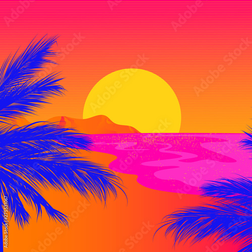 Silhouettes of palm trees on the beach with sun and mountains © Karolina Villa