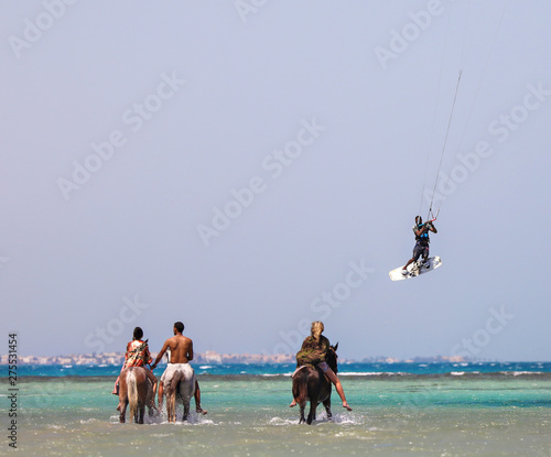 Horseback riding in the Red Sea with a kitesurfer overhead. 