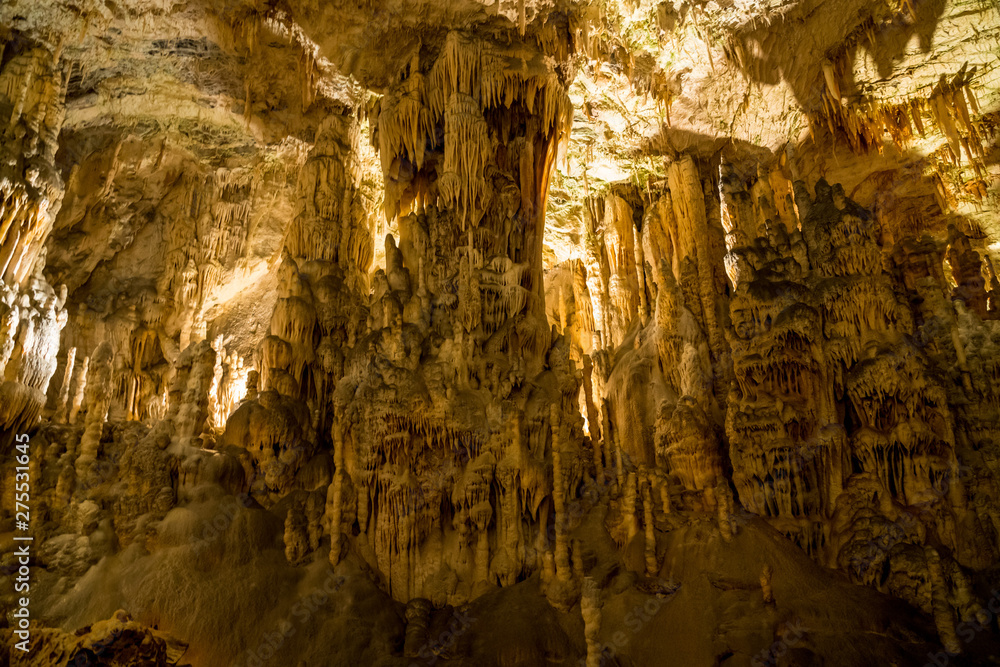 Fototapeta premium Stalactites and stalagmites underground in cave system in Postojna