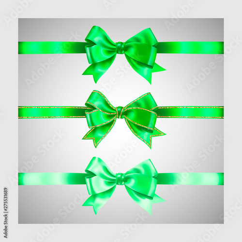 Set of three realistic green silk ribbon bow with gold glitter shiny stripes, vector illustration elements, for decoration, promotion, advetrisment, sale or celebration banner or card