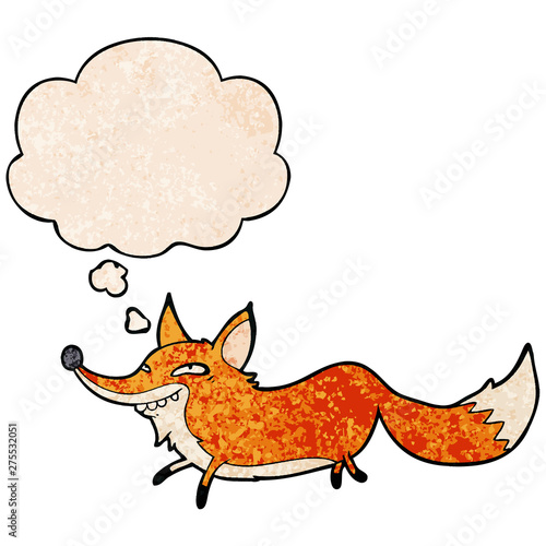 cartoon sly fox and thought bubble in grunge texture pattern style