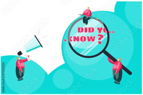 Interesting fact searching concept. Vector illustration a group of people holding loudspeaker and a magnifying glass to explain interesting facts of commercial product, Marketing and advertising tag.