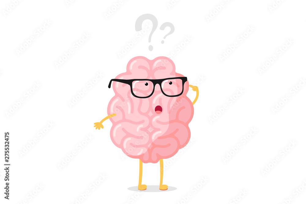 Funny human brain thought character with glasses thinks over question mark.  Seeking answer cartoon brain concept. Strong cartoon central nervous system  organ seeking answer vector illustration Stock Vector | Adobe Stock