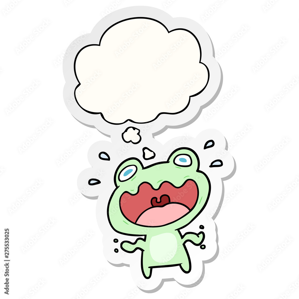 cartoon frog frightened and thought bubble as a printed sticker
