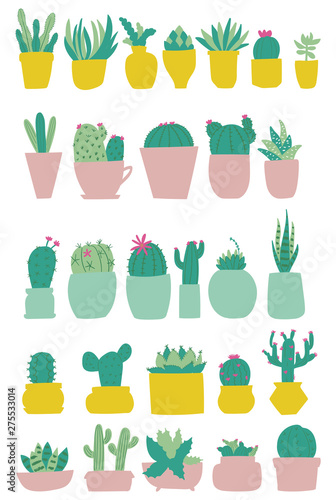 Set of cactus in pots. Succulents in pots. Flat vector illustration for stickers  scrapbooking. Succulents design elements