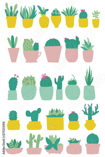 Set of cactus in pots. Succulents in pots. Flat vector illustration for stickers, scrapbooking. Succulents design elements