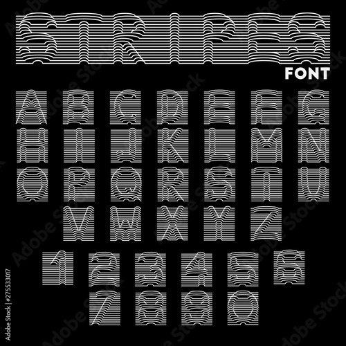 Vector font. Volume font for posters, banners, headlines. Stripes font. Stripes alphabet letters and numbers vector illustration