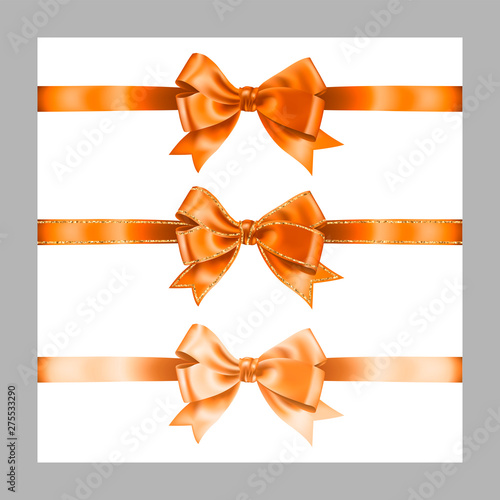 Set of three realistic light orange silk ribbon bow with gold glitter shiny stripes, vector illustration elements isolated on white, for decoration, promotion, advetrisment, sale or celebration banner