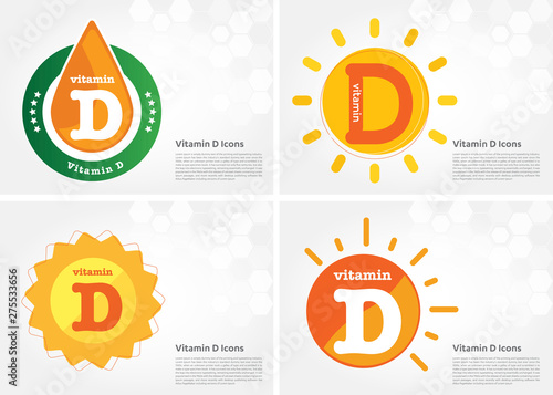 Vitamin D sun shining pill capsule icon collection black set, cholecalciferol. golden Vitamin complex with Chemical formula substance drop. Medical for heath Vector illustration