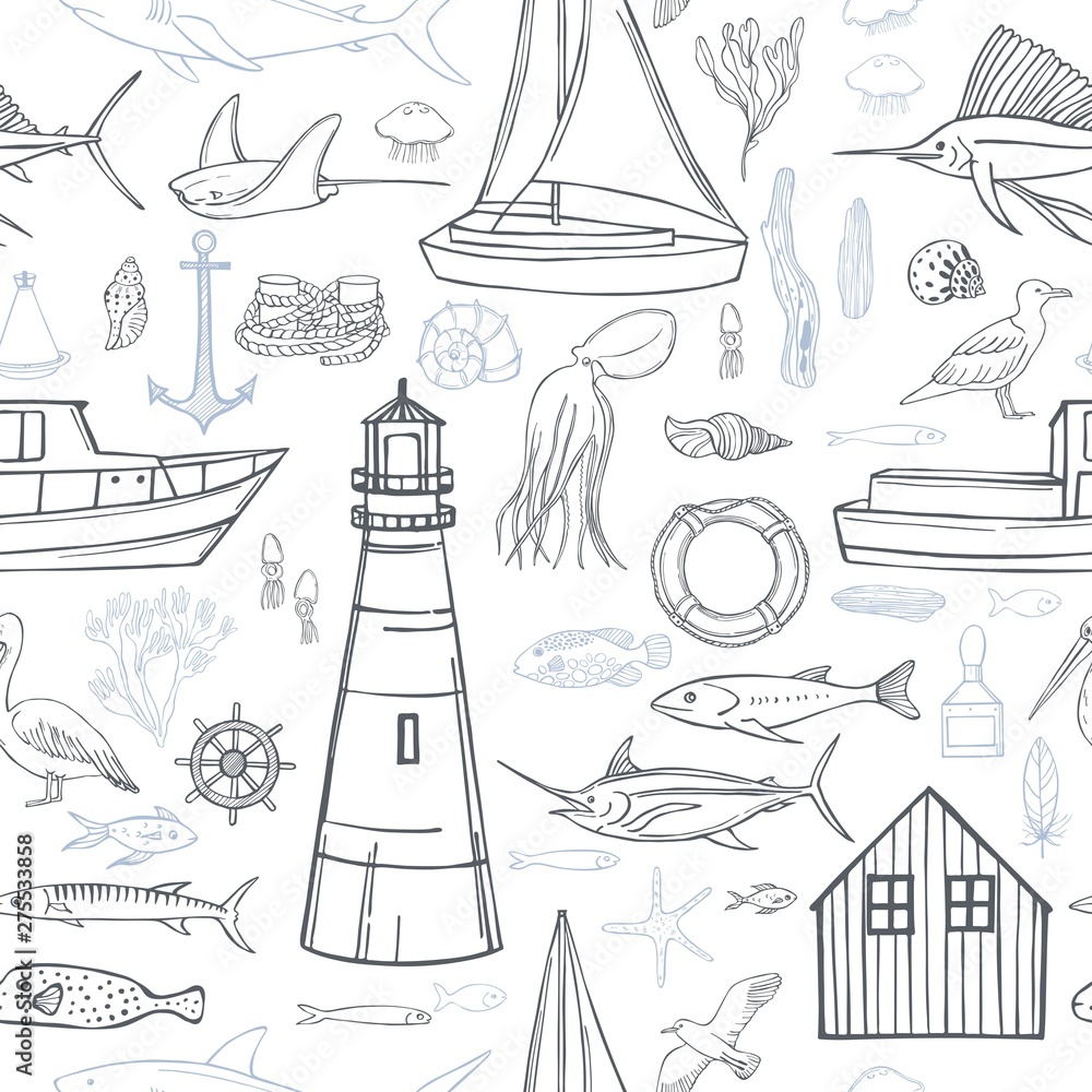 Hand drawn nautical icon set. Vector seamless pattern Hand drawn nautical icon set. Vector seamless pattern