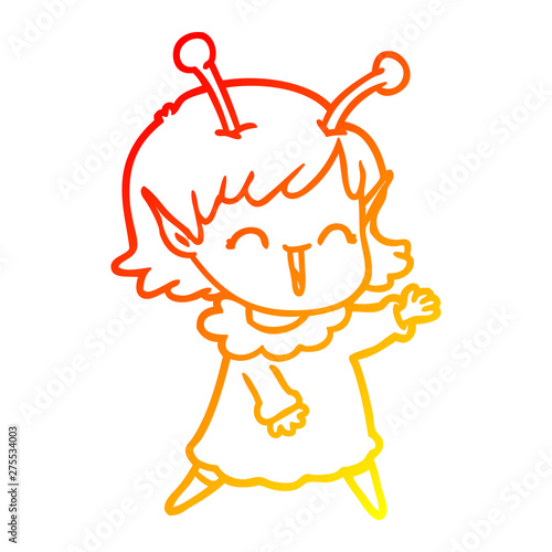 warm gradient line drawing cartoon alien girl laughing