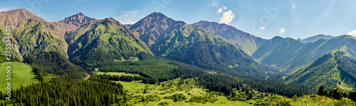 Panorama of the mountain valley in the summer. Amazing nature, mountains, lit by the sun in clear weather, summer in the mountains. Travel, tourism, beautiful background, a picture of nature