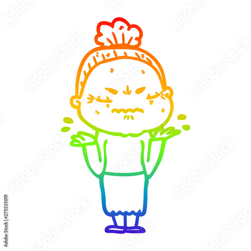 rainbow gradient line drawing cartoon annoyed old lady
