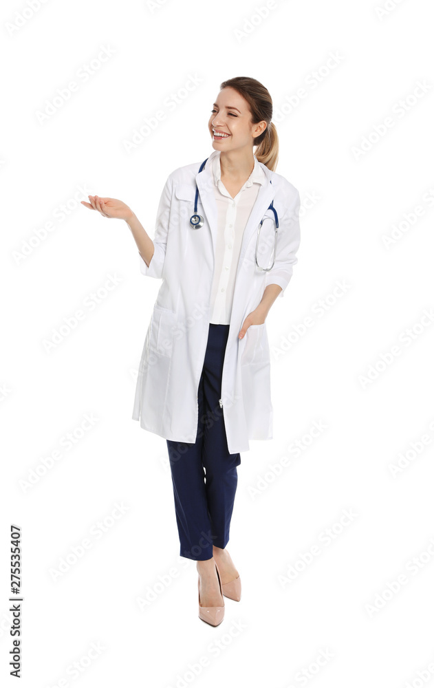 Full length portrait of medical doctor with stethoscope isolated on white Full length portrait of medical doctor with stethoscope isolated on white