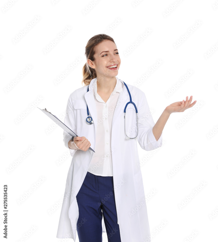 Portrait of medical doctor with clipboard and stethoscope isolated on white Portrait of medical doctor with clipboard and stethoscope isolated on white