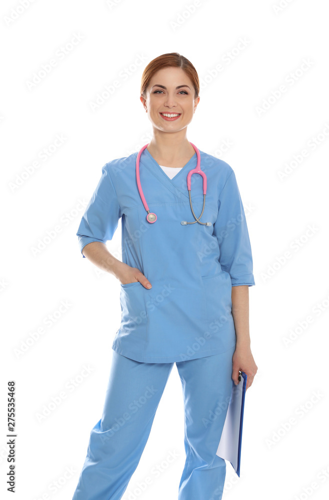 Portrait of medical doctor with clipboard and stethoscope isolated on white Portrait of medical doctor with clipboard and stethoscope isolated on white